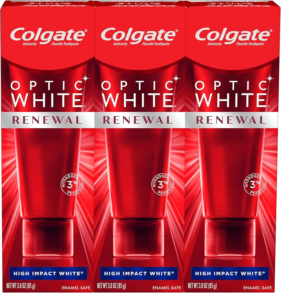 Colgate Optic White Renewal Teeth Whitening Toothpaste, High Impact White, 3 Oz Tube, 3 Pack | Amazon (US)
