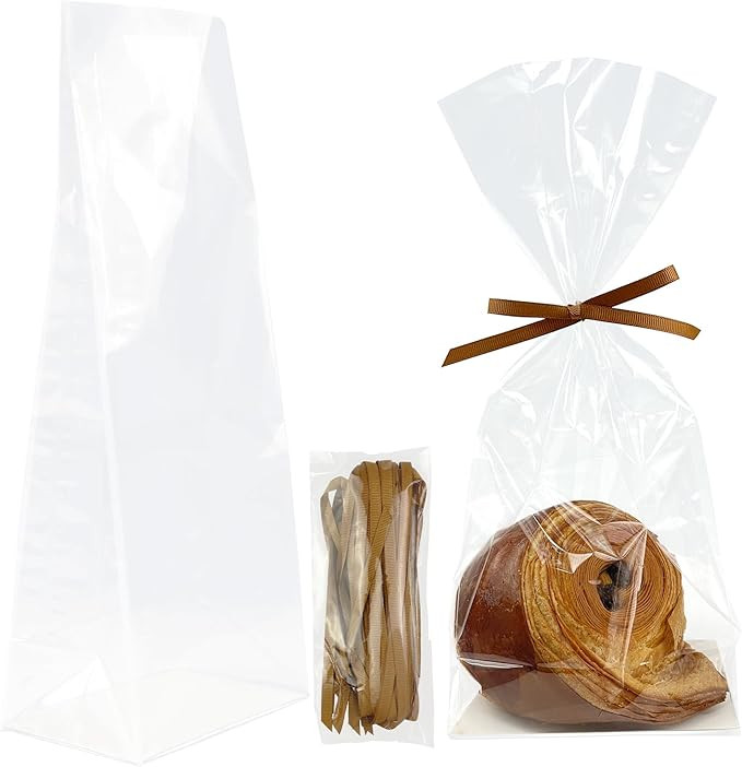 EKAPACKAGING 50 Pcs 5x3x12 Inch Gusseted Flat Bottom Cellophane Bags with Ribbon and Cardboard In... | Amazon (US)