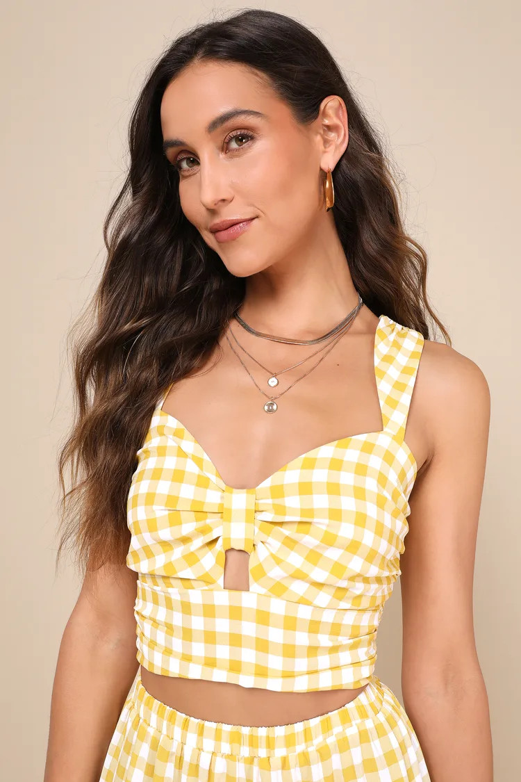 Completely Endearing Yellow Gingham Keyhole Cutout Crop Top | Lulus