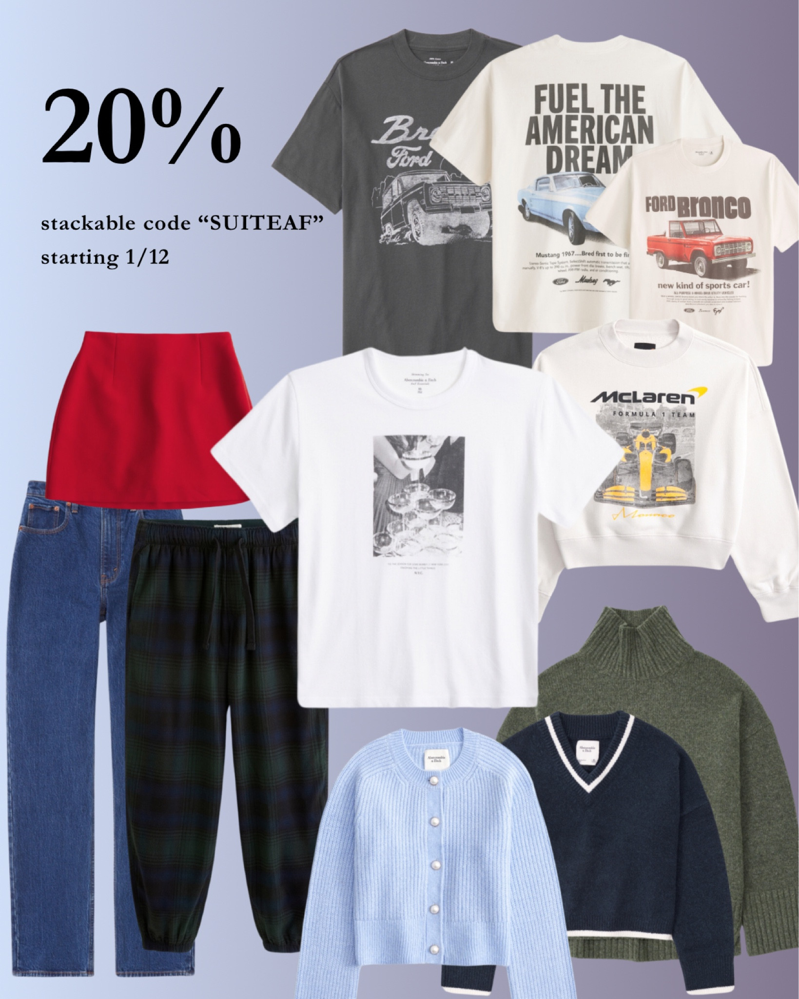 Abercrombie stackable code starting 1/12! Use code “SUITEAF” for an additional 20% off 🫶

#LTKfindsunder50 #LTKsalealert