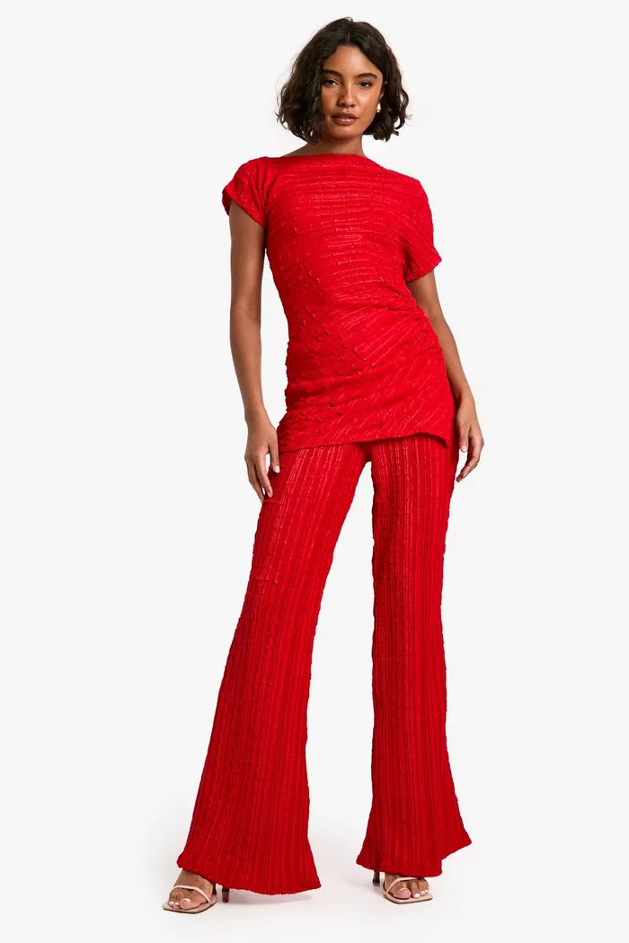 Tall Crinkle Texture Drape Top and Flare Co Ord | boohoo (US & Canada)