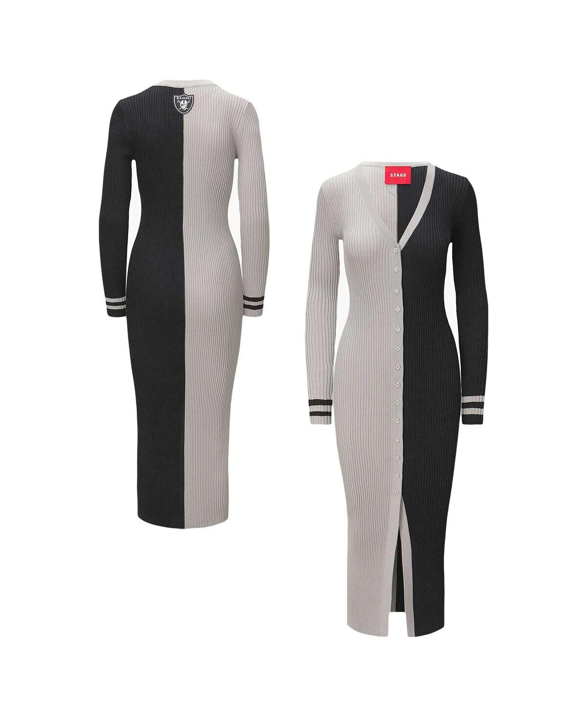 Women's Staud Silver, Black Las Vegas Raiders Shoko Knit Button-Up Sweater Dress - Silver, Black | Macy's