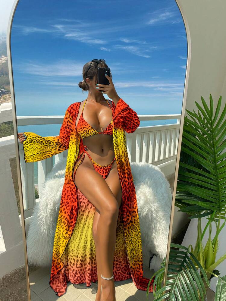 Ombre Halter Triangle Bikini Swimsuit With Kimono
       
              
              $19.49    ... | SHEIN