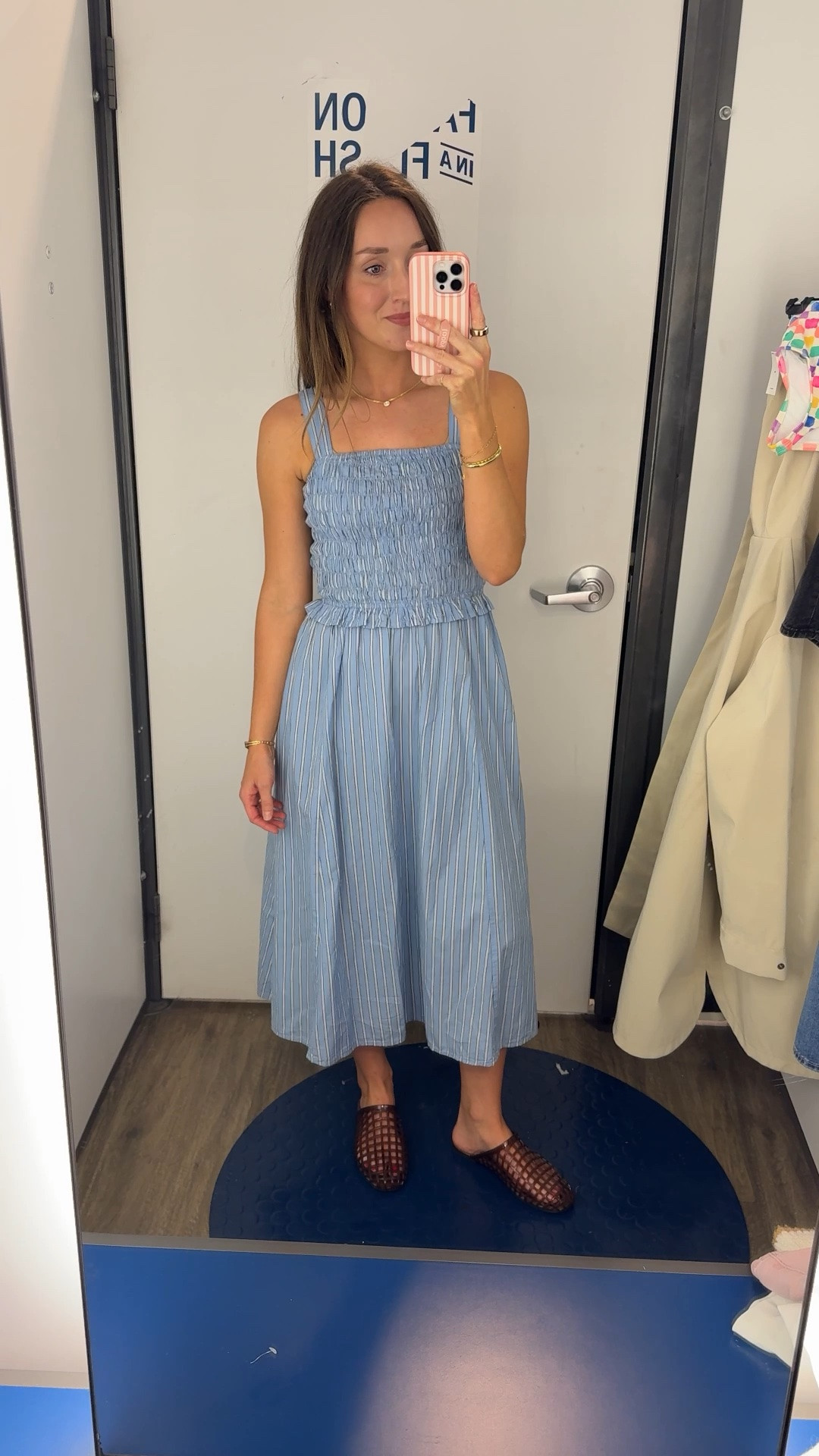 This color of this dress is on clearance for 11.99 today! I bought it when it was on sale last week. Love this subtle blue stripe! This reminds me of Abercrombie.