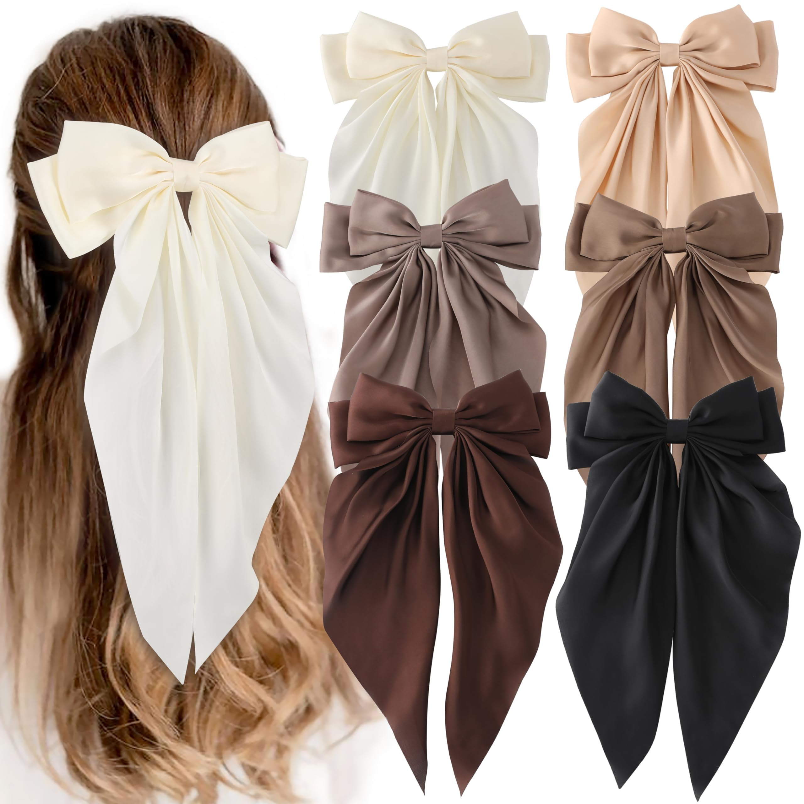 6 PCS Hair Bows for Women, Big Bow Hair Clips for Girls, Silky Satin Hair Bows Clips Oversized Long Tail, Large Hair Barrettes Cute Aesthetic Hair Accessories, Metal Bow Hair Clips Neutral Color | Amazon (US)