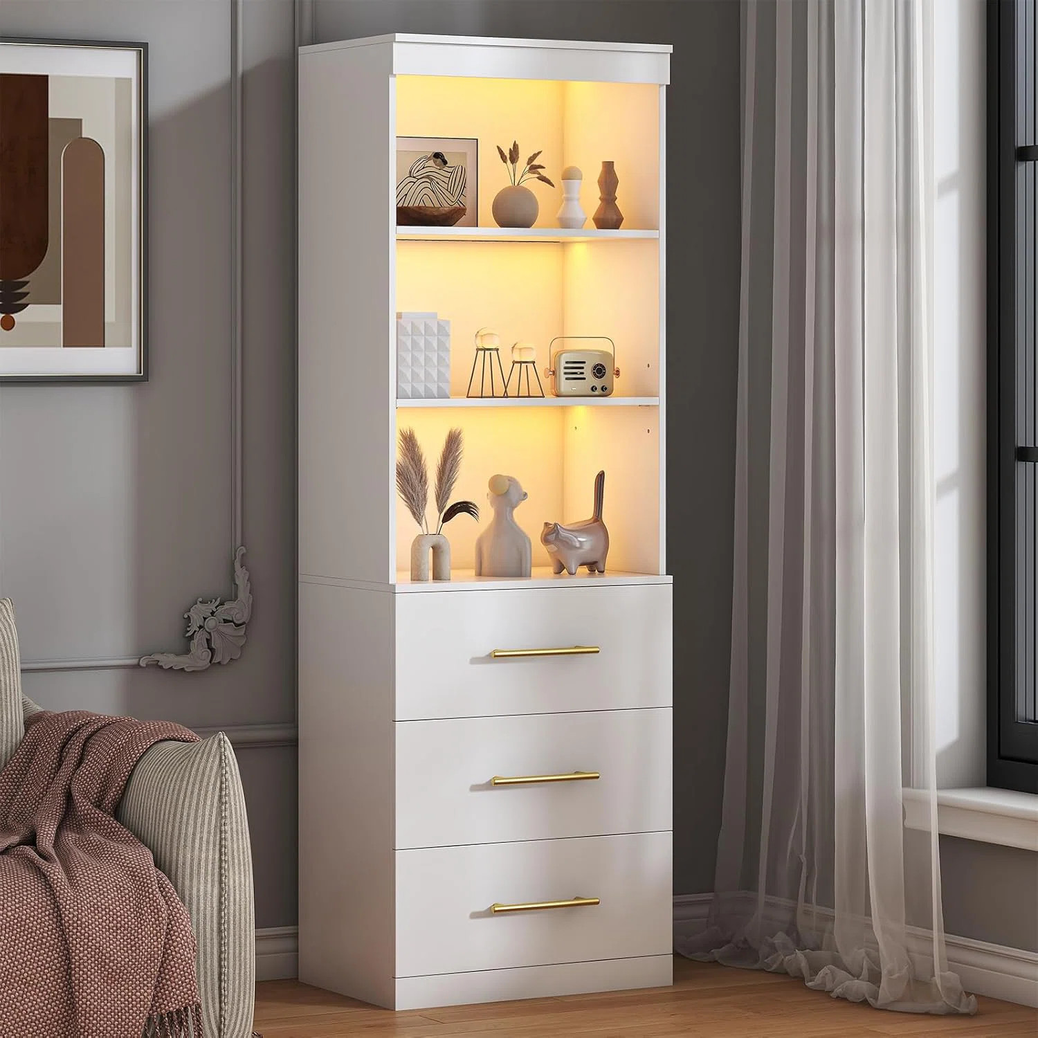 71" Tall Bookshelf With 3 Drawers & Led Light | Wayfair North America
