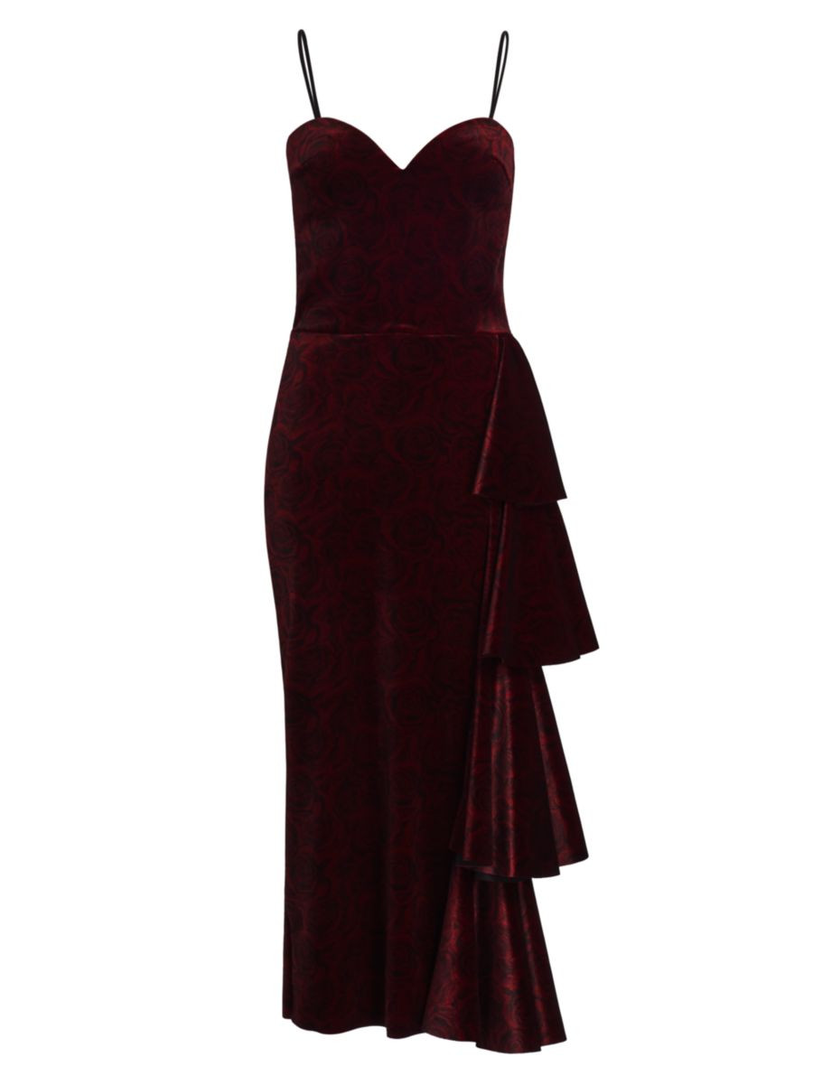 Gussie Velvet Rose-Print Draped Midi-Dress | Saks Fifth Avenue