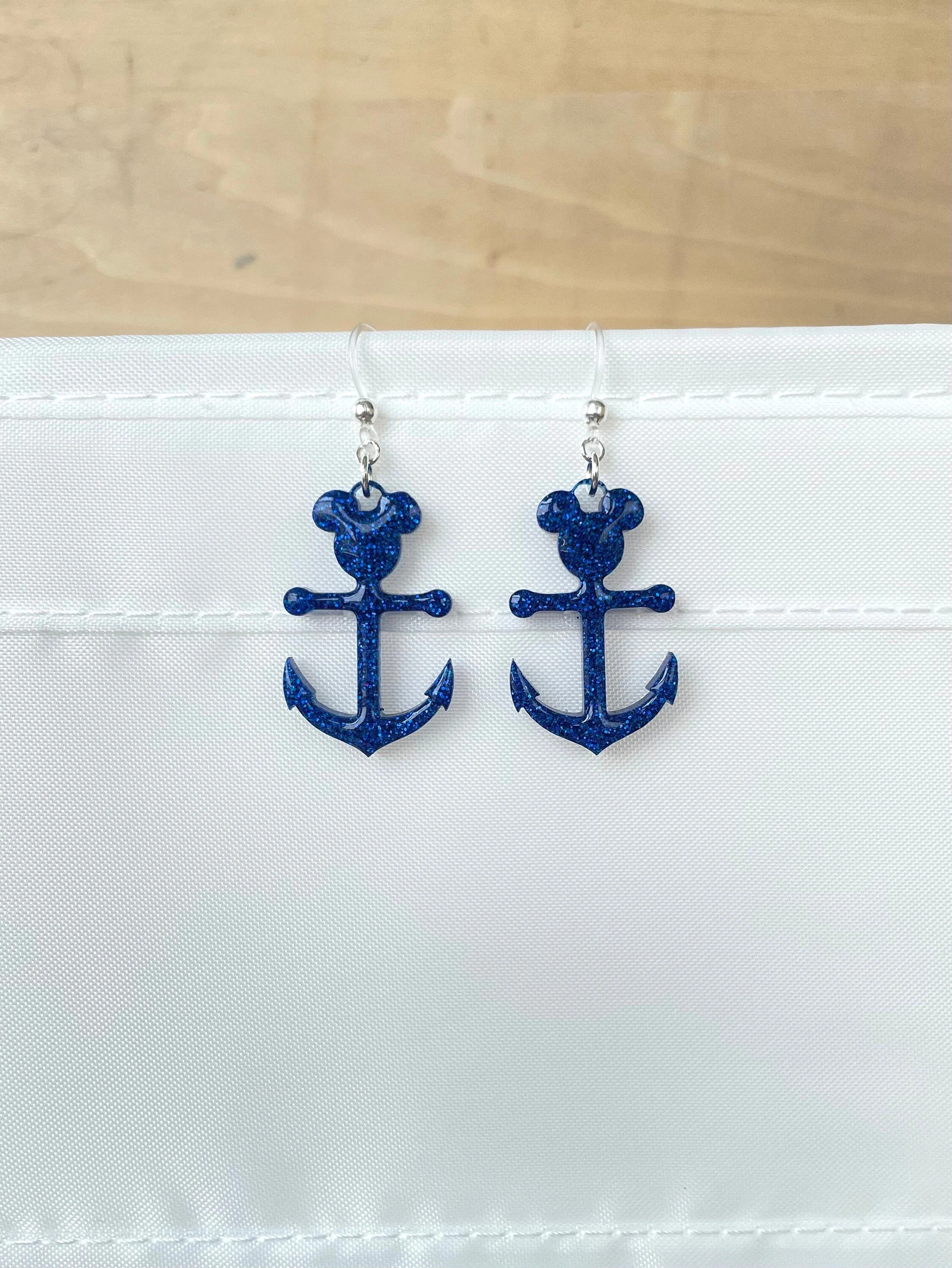 Mickey Anchor Dangle Earrings: Blue Glitter Resin, Disney Cruise Jewelry | Etsy (Global)