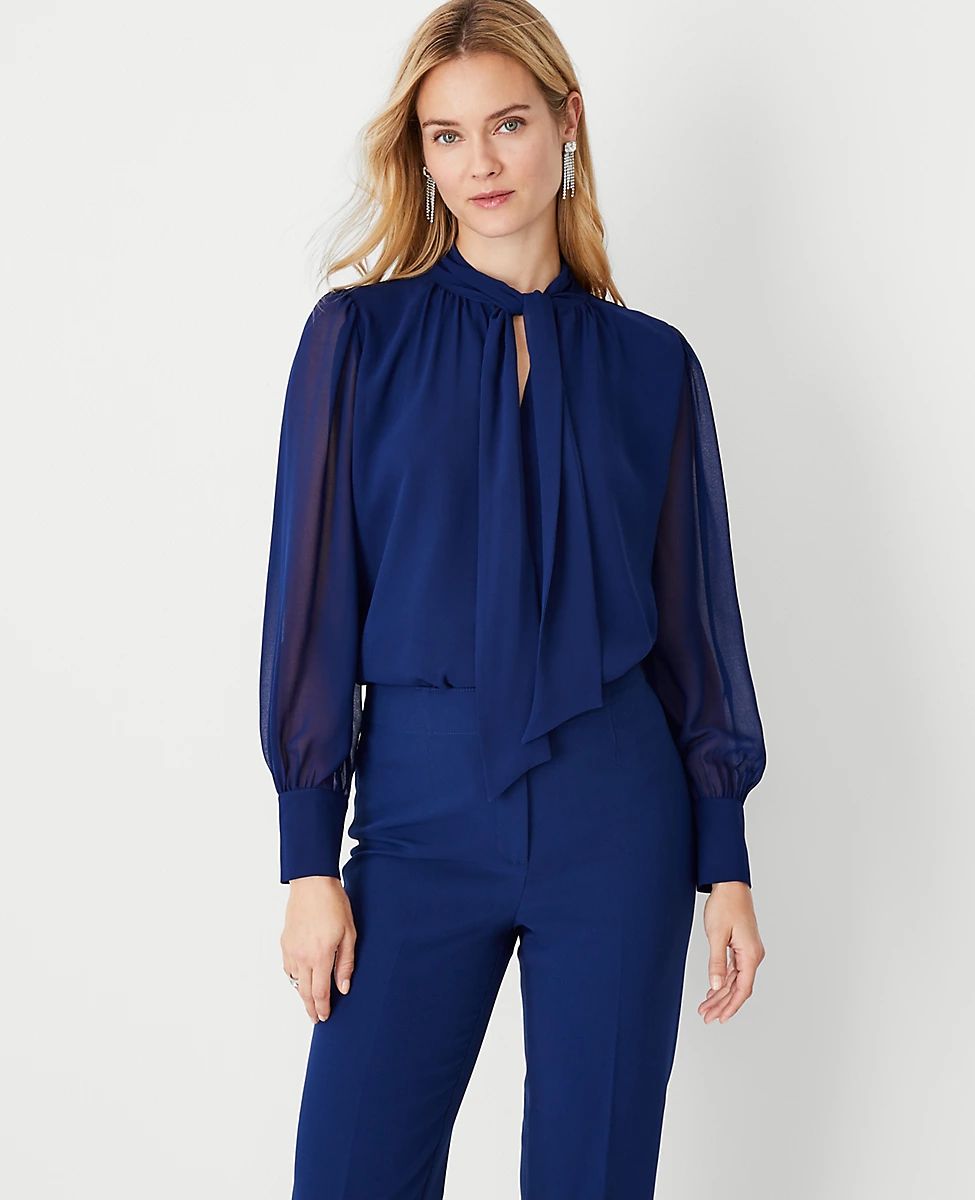 Chiffon Mixed Media Tie Neck Top | Ann Taylor (US)