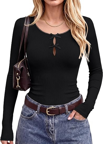 ANRABESS Womens Long Sleeve Shirts Scoop Neck Fitted Top | Bow Tie Cutout Keyhole，Soft Ribbed K... | Amazon (US)