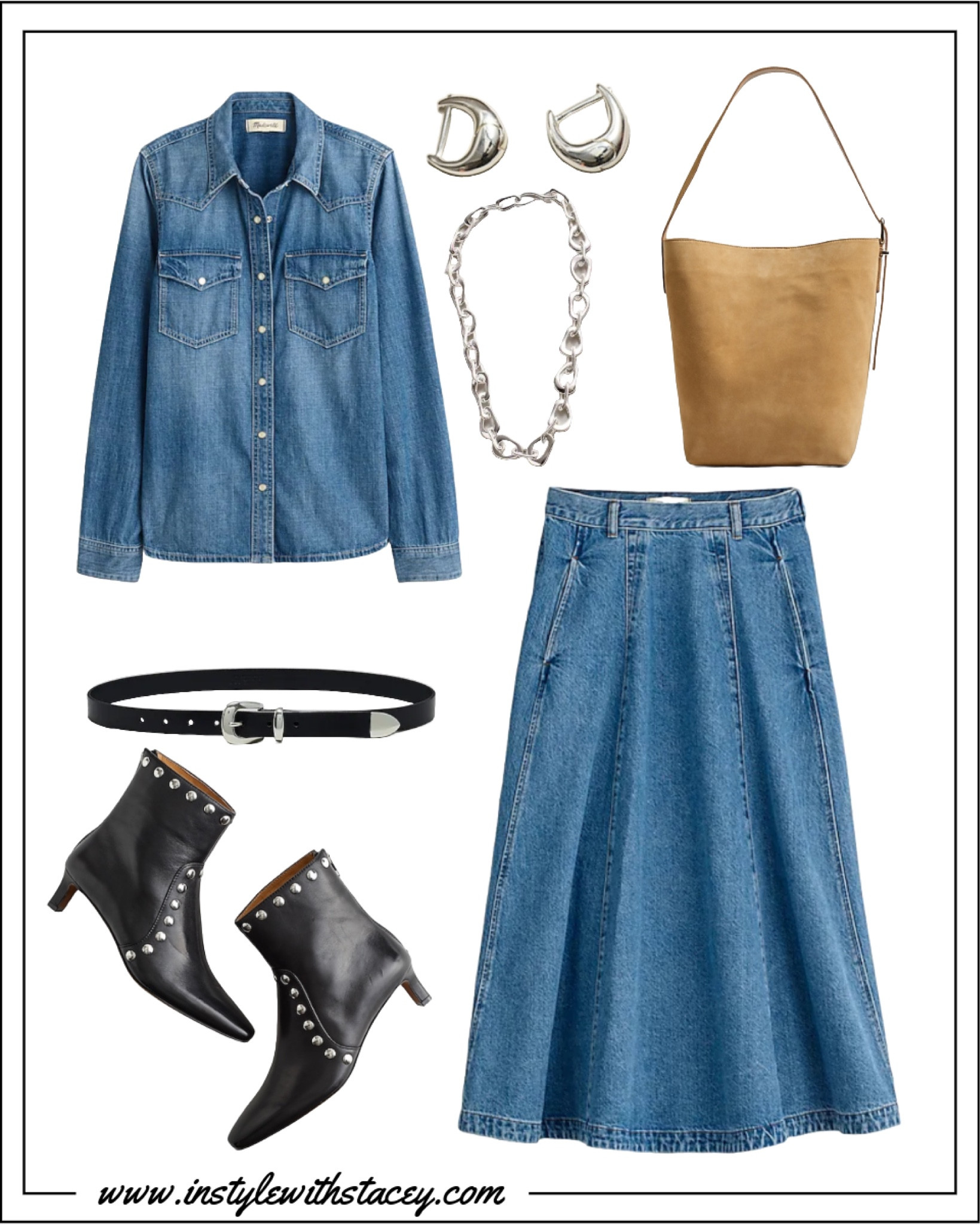 Well… the skirt is so popular that it sold out in most sizes so very fast! I found some similar options to give you the look. Do a denim on denim look. The wash of the denim does not have to match and in fact it’s even better when it doesn’t. Just stay in the same color family. The stud boots look designer the western belt you’ll wear forever had some suede for texture. 

#LTKStyleTip #LTKOver40 #LTKSeasonal