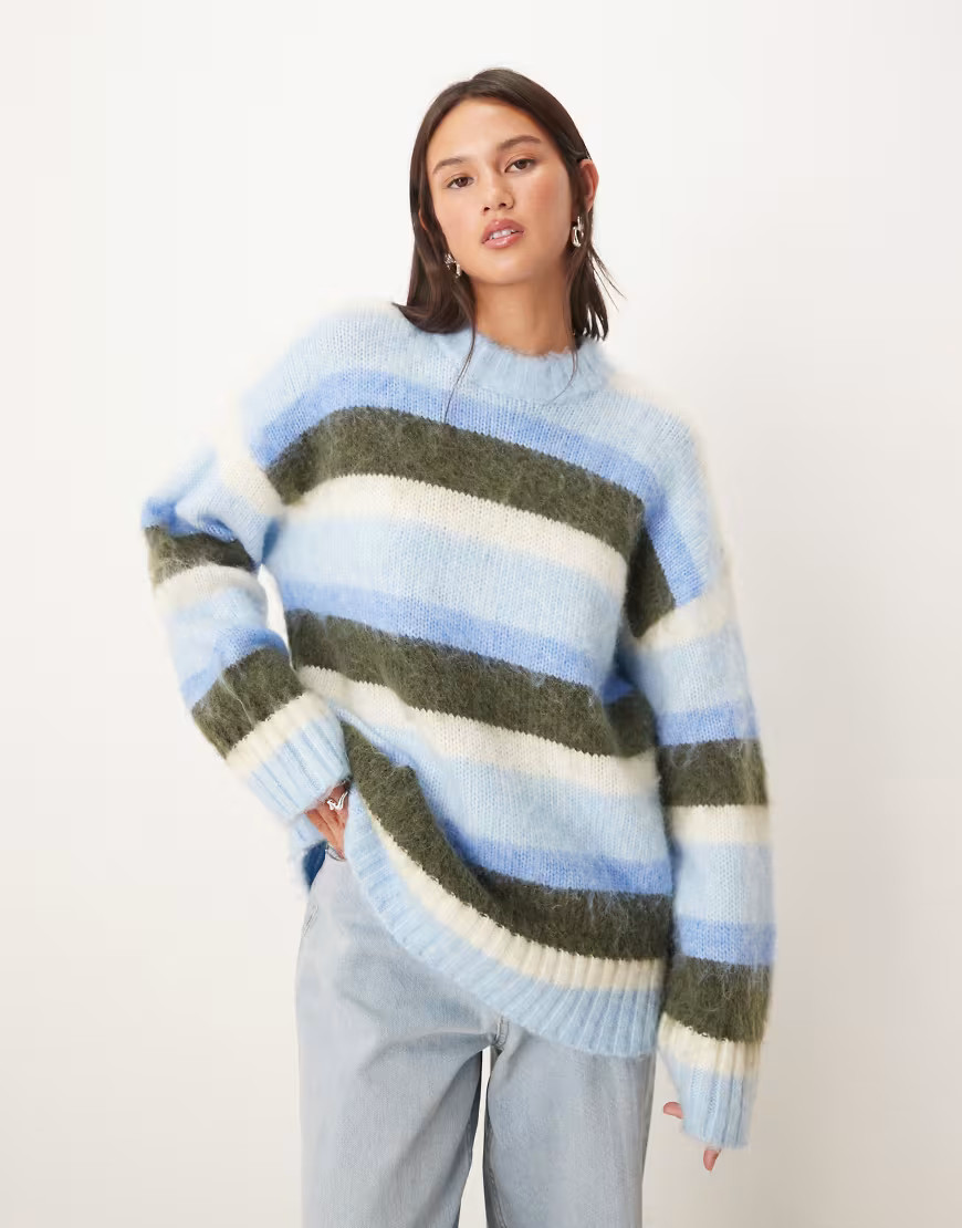 Monki oversized fluffy striped sweater in blue and brown stripe | ASOS (Global)