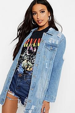 Longline Distressed Denim Jacket | Boohoo.com (US & CA)