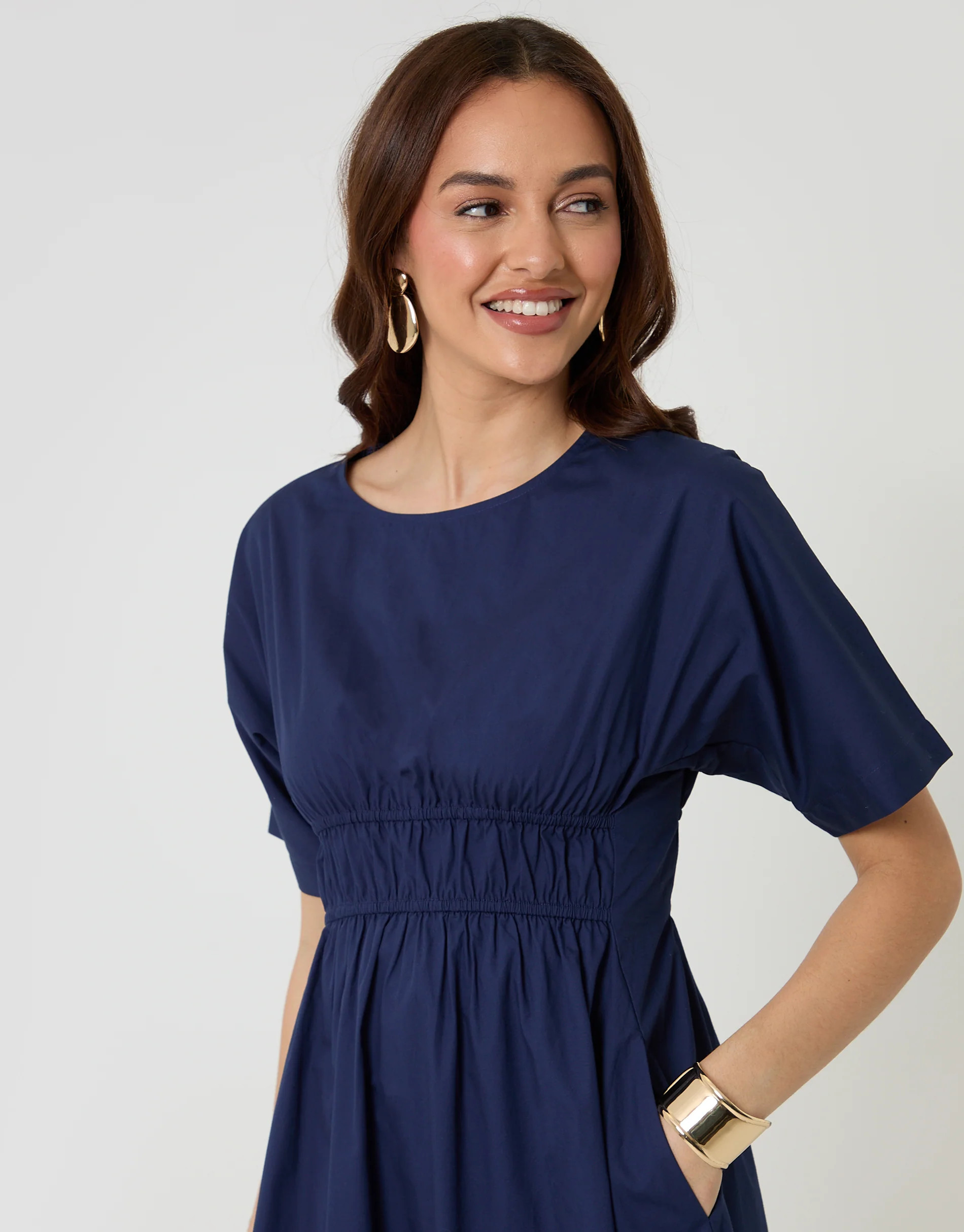 Elasticated Waist Pure Cotton Midi Dress in Navy | Threadbare UK