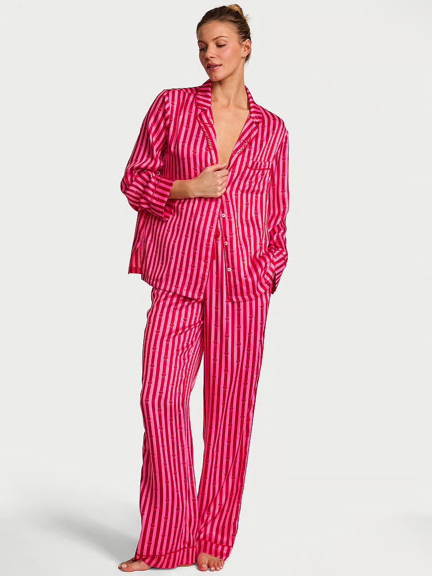 Buy Signature Satin Long Pajama Set, Lipstick/Rose Garden Heart Stripe W Collar Embroidery - Orde... | Victoria's Secret (US / CA )