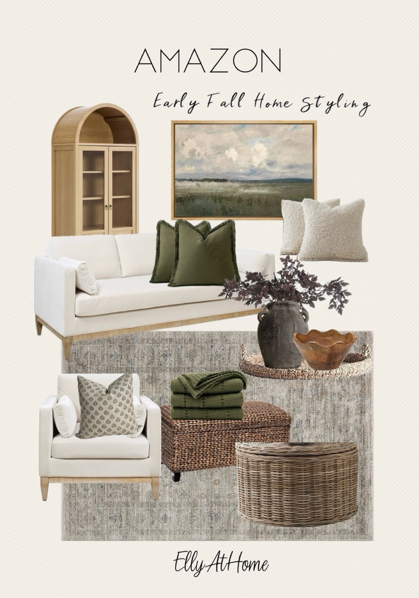 Amazon home early fall living room styling. Wood arch cabinet, Neutral sofa, side chair, rattan woven chest, tray, vases, throw pillows, throw blankets, framed artwork, wood bowl, fall florals, Home decor accessories, free shipping. 

#LTKSaleAlert #LTKFindsUnder50 #LTKHome
