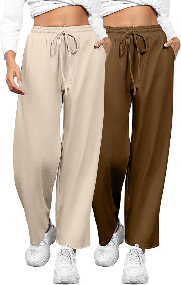 2 Pack Women Straight Leg Sweatpants Drawstring Elastic Waist Baggy Wide Leg Pants Casual Joggers... | Amazon (US)