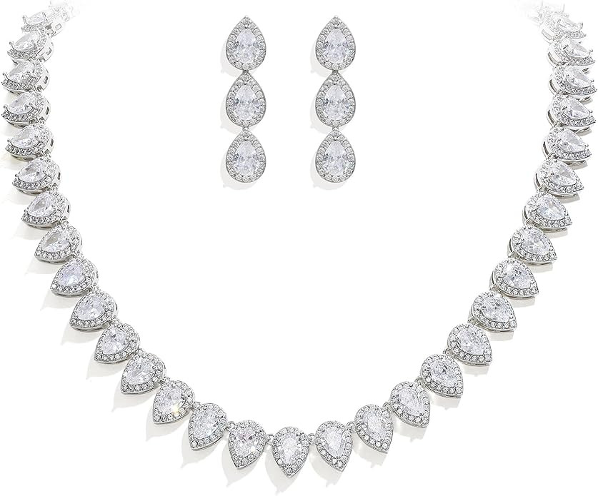 EleQueen Women's Silver-Tone Full Prong Cubic Zirconia Teardrop Bridal Necklace Earrings Set | Amazon (US)