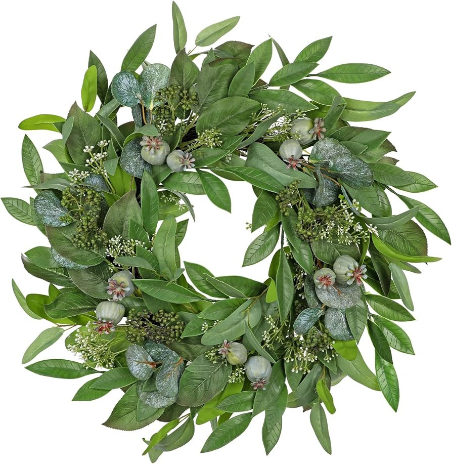 Briful 24" Artificial Greenery Wreath for Front Door, Fake Magnolia Leaf Silk Wreath with Berries... | Amazon (US)