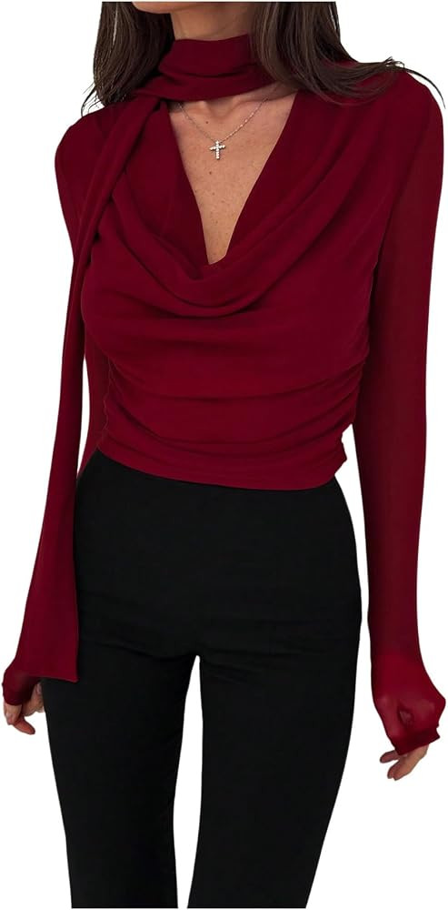 SweatyRocks Women's Draped Cowl Neck Tops Long Sleeve Ruched Dressy Casual Blouse Shirt with Scar... | Amazon (US)