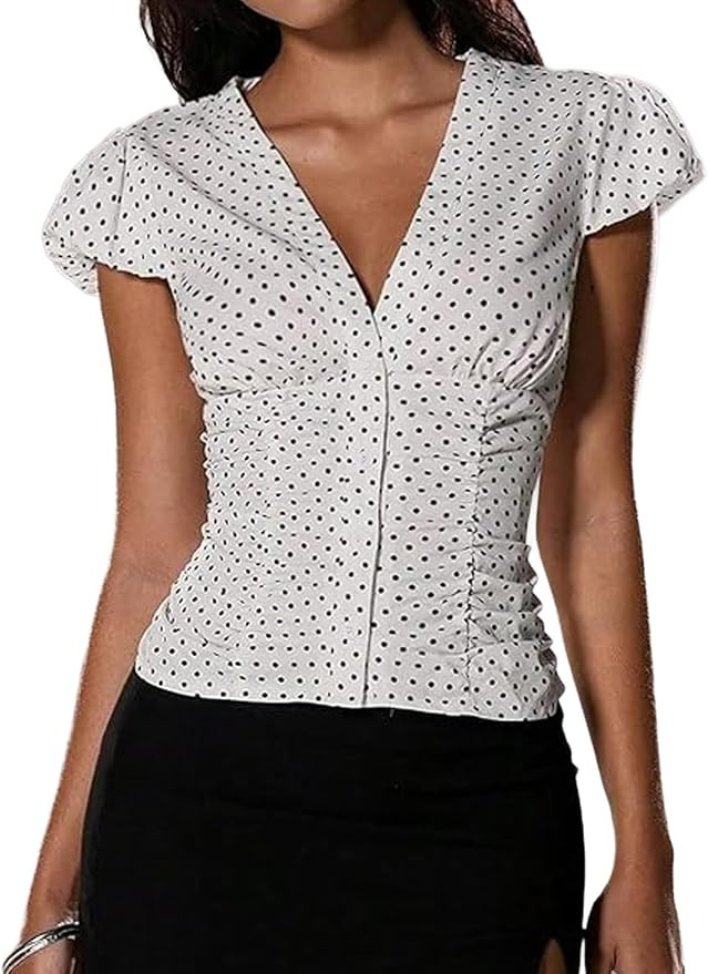 Floerns Women's Polka Dots Puff Sleeve Blouse Top V Neck Retro Button Down Shirts | Amazon (US)