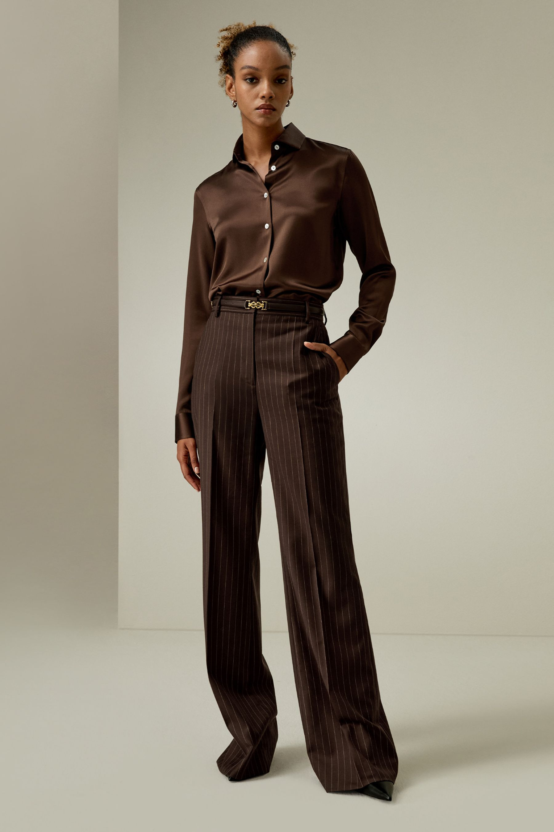 Pinstriped high-rise straight pants | LilySilk