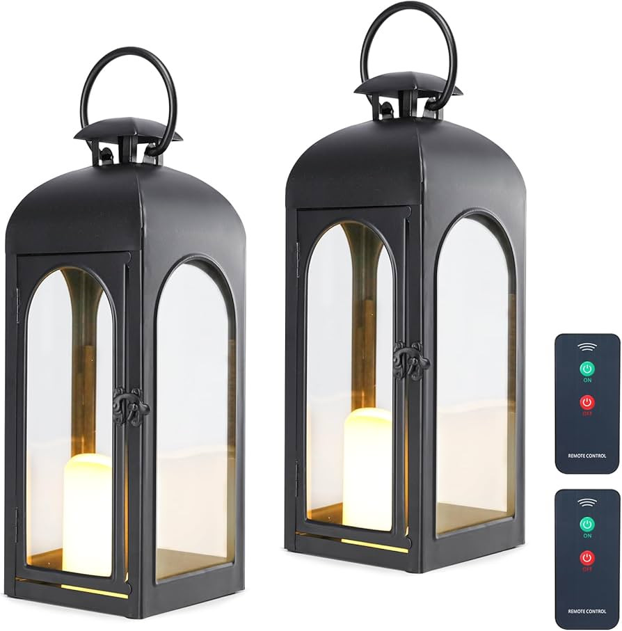 Amazon.com: Bdor 2 Pack 16 Inches Metal and Tempered Glass Decorative Lantern with Electronic Wax... | Amazon (US)