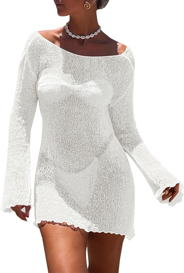 Saodimallsu Womens Swimsuit Cover Up Long Sleeve Sheer Mesh Knit Mini Dress Backless Tie Summer B... | Amazon (US)