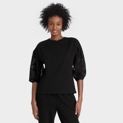 Women's Long Sleeve Round Neck Eyelet Top - A New Day™ Black S | Target