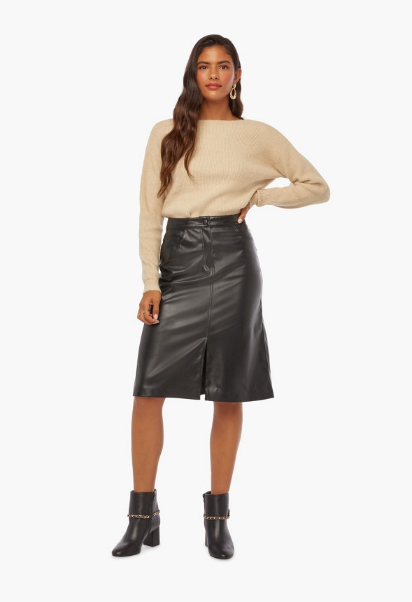Faux Leather A-Line Midi Skirt | JustFab