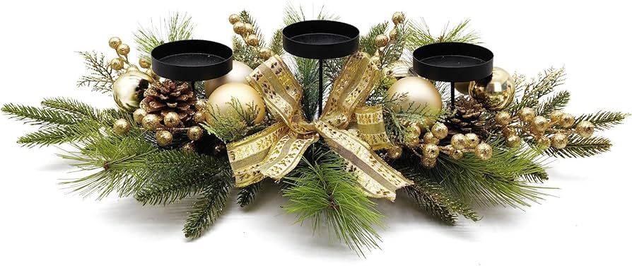 Christmas Centerpiece Table Decorations, Includes 3 Candle Holders with Glittery-Gold Bow, Artifi... | Amazon (US)