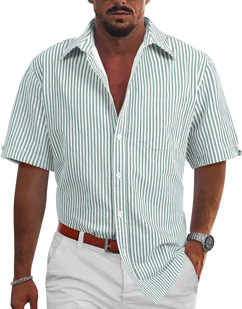 TUREFACE Mens Casual Lightweight Striped Short Sleeve Shirt Button Down Cotton Dress Shirts | Amazon (US)