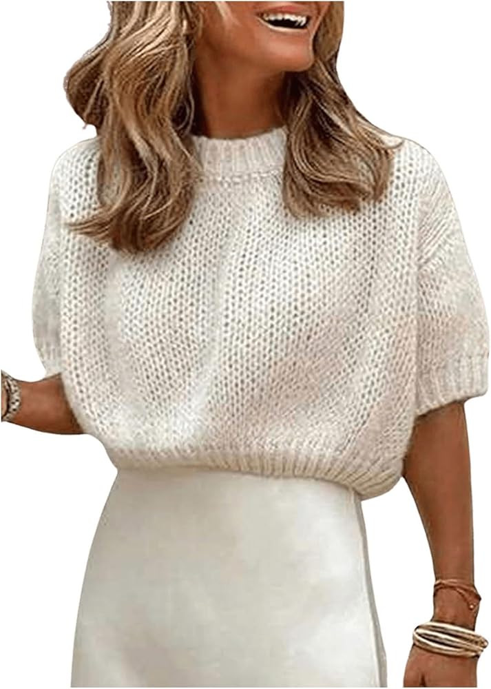 GORGLITTER Women's Puff Short Sleeve Knit Sweater Cropped Top Round Neck Drop Shoulder Pullover T... | Amazon (US)
