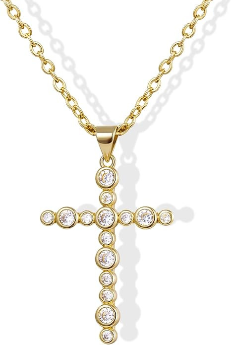 KissYan Cross Necklace for Women, 14K Gold Plated Cubic Zirconia Faith Pendant Dainty Religious J... | Amazon (US)