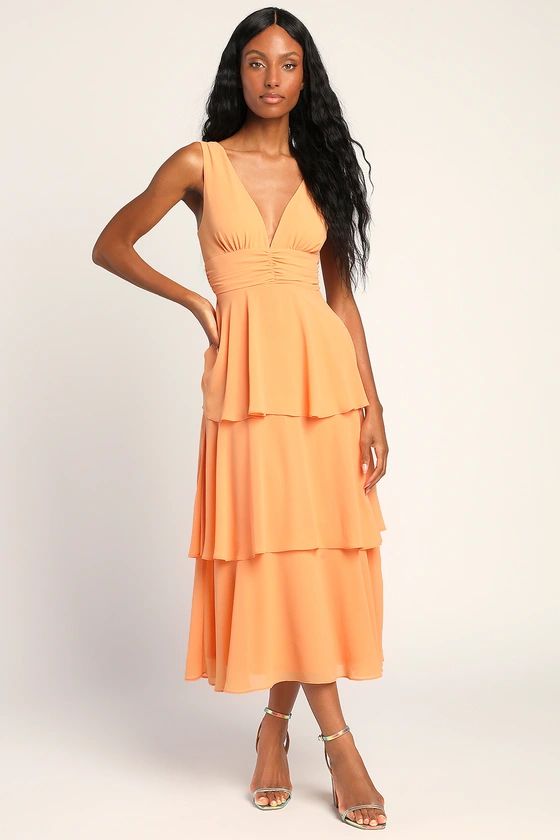 Celebration Time Light Orange Sleeveless Tiered Midi Dress | Lulus (US)