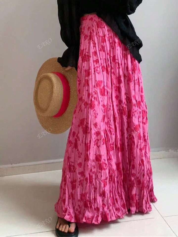 Plus Size Ditsy Floral Pleated Skirt, Casual Loose Fit Flattering & Versatile | SHEIN