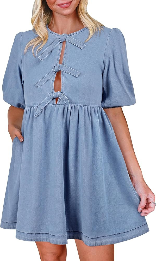 Qazel Vorrlon Denim Dress for Women Puff Short Sleeve Babydoll Jean Romper Pockets Summer Casual ... | Amazon (US)