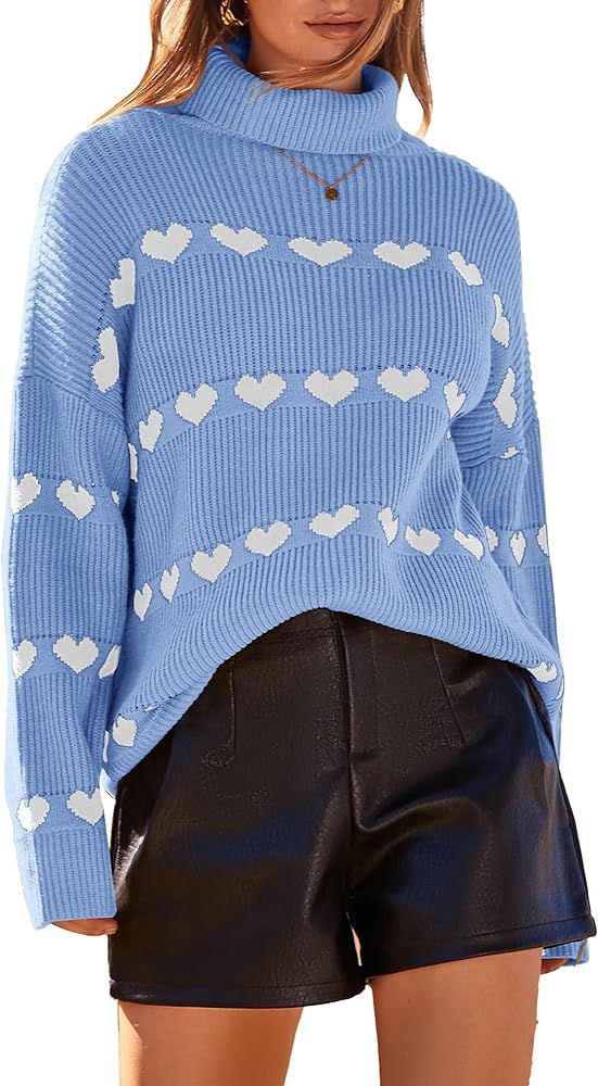 BTFBM Women 2023 Casual Turtleneck Sweaters Heart Print Oversized Long Sleeve Knit Fall Winter Ju... | Amazon (US)