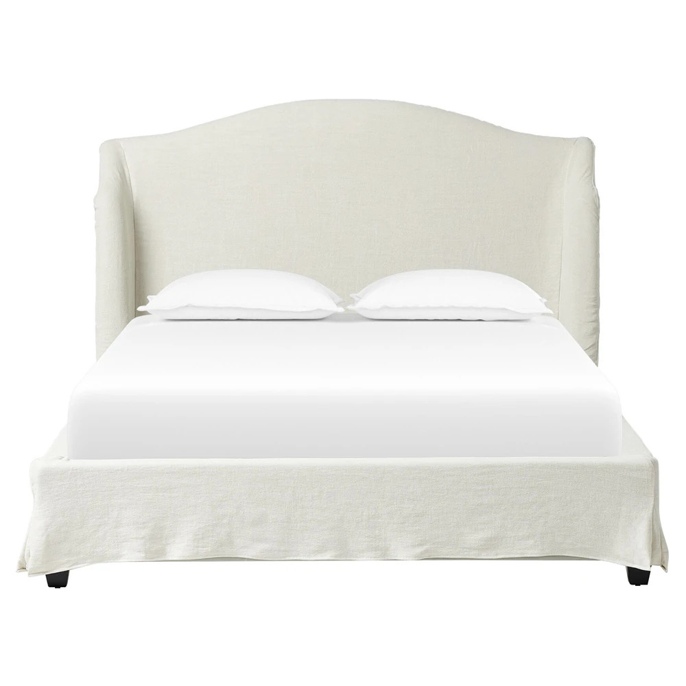 Maddie Modern Off White Upholstered Linen Slipcovered Wingback Bed - Queen | Kathy Kuo Home