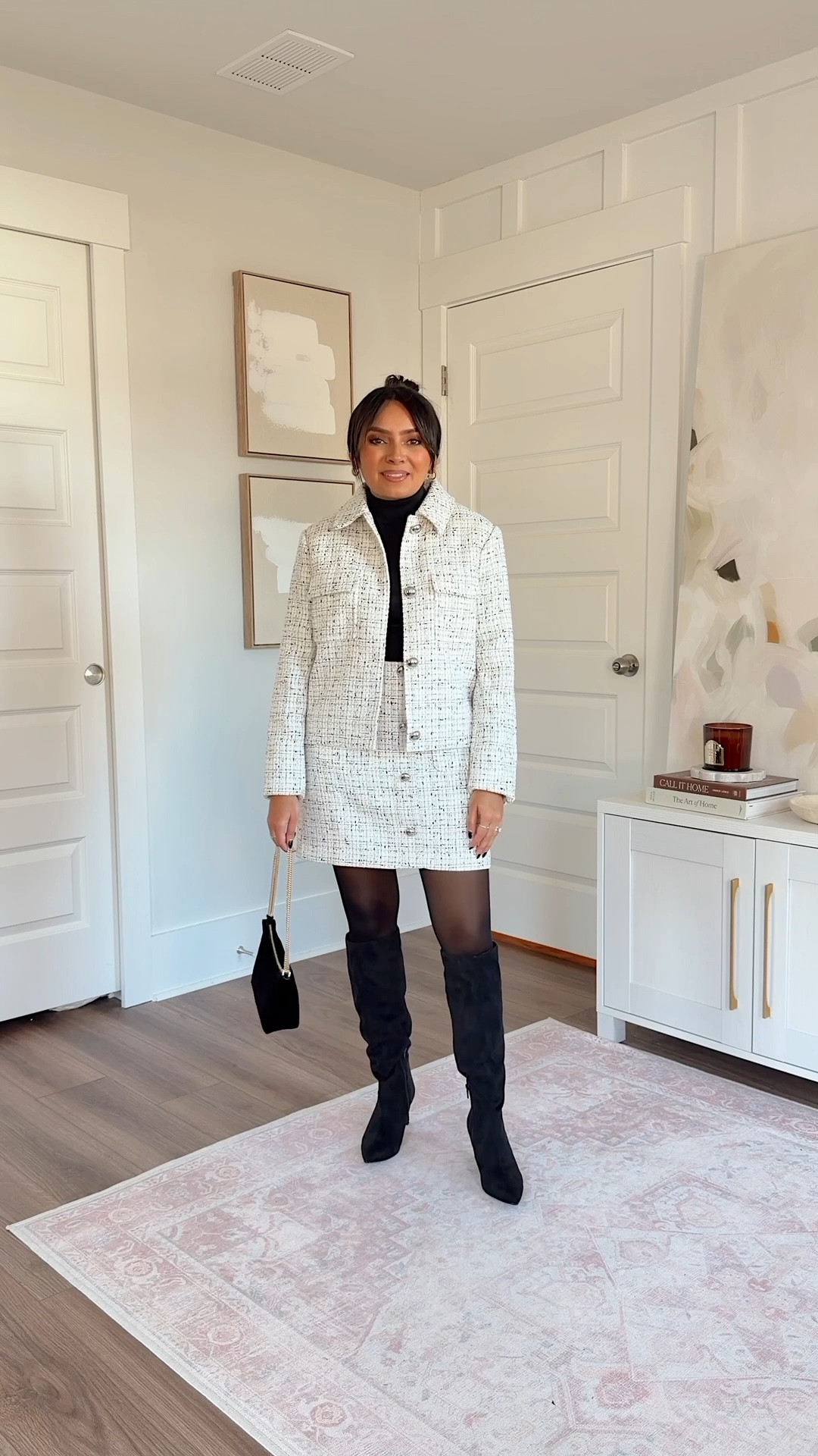 White and black tweed jacket size xxs regular TTS
White and black tweed skirt size 2 petite TTS
Black turtleneck size xxs regular TTS
Black boots size 5.5 TTS

#LTKHoliday #LTKGiftGuide #LTKPetite