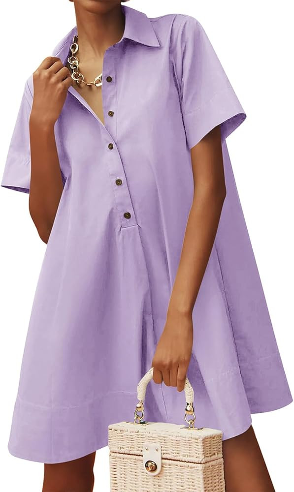 Wenrine Womens Oversized Shirt Button Mini Dress Short Sleeve Casual Collared V Neck Summer Flowy... | Amazon (US)