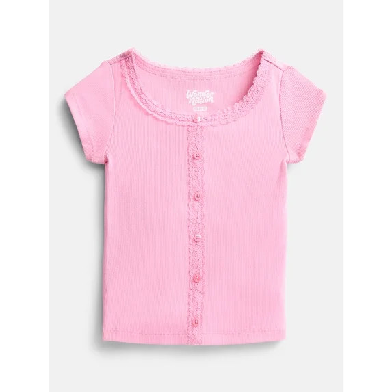Wonder Nation Girls' Lace and Button Front Top with Short Sleeves, Sizes 4-18 & Plus | Walmart (US)