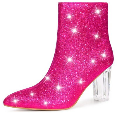 Perphy Women's Sparkly Glitter Upper Side Zipper Clear Block Heel Ankle Booties Hot Pink 9.5 | Target