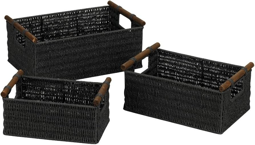 Household Essentials ML-7052 Paper Rope Wicker Storage Baskets with Wood Handles |Set of 3 | Blac... | Amazon (US)