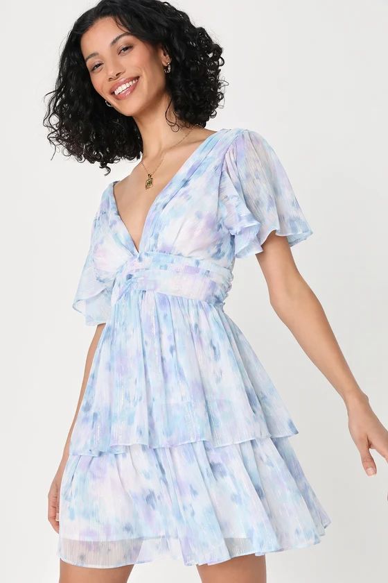Sunny Evenings Blue Multi Lurex Flutter Sleeve Mini Dress | Lulus