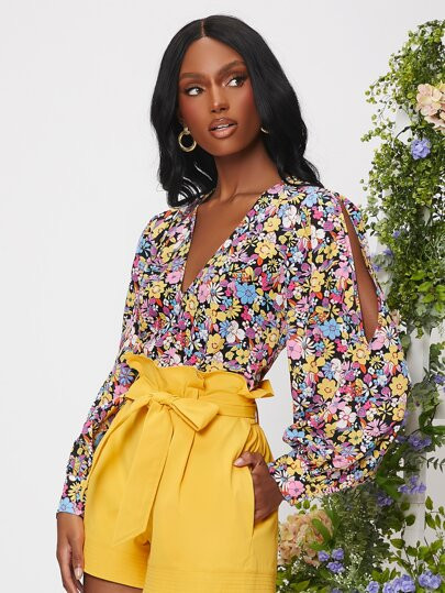 SHEIN Allover Floral Print Cutout Top | SHEIN