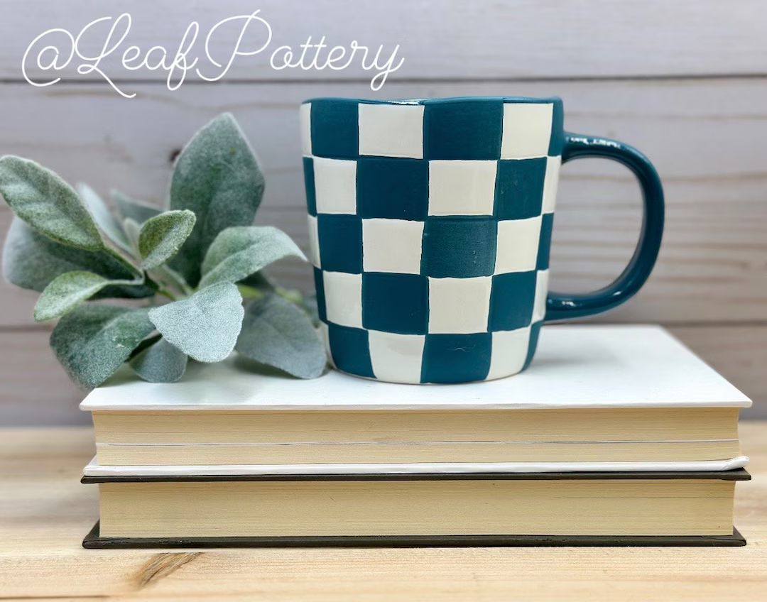 Blue and White Checkered Pattern Ceramic Mug/ Retro Lovers/ Birthday Gift/ Gift for Her/ Gift for... | Etsy (US)