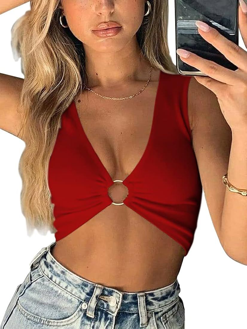 AEVZIV Sexy Crop Tops for Women Sleeveless Deep V Neck Workout Tops Plunge Ring Cleavage Cropped ... | Amazon (US)