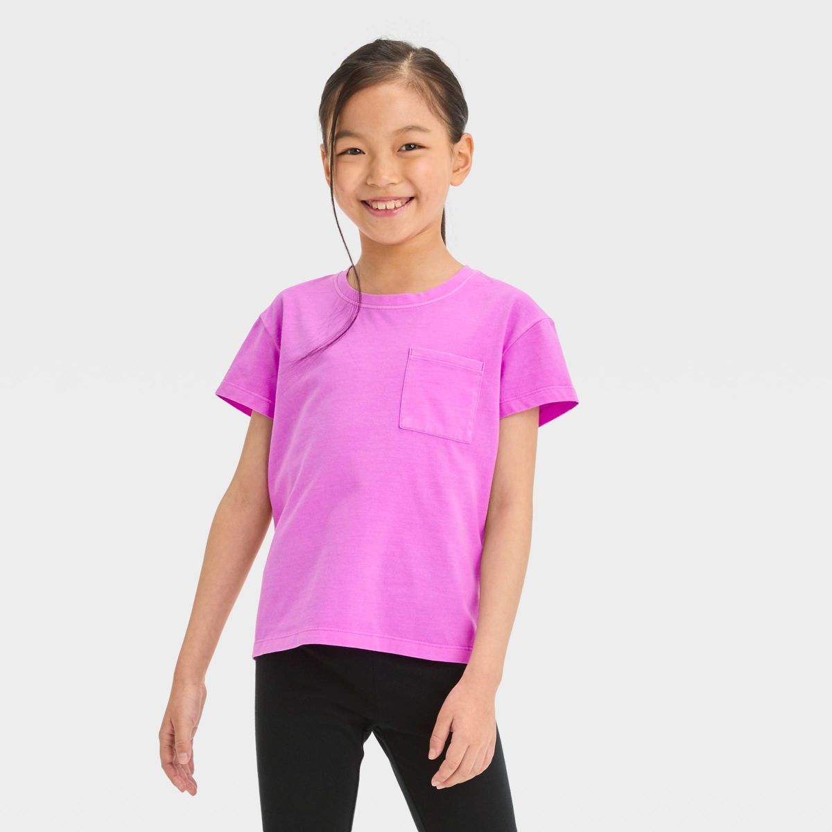 Girls' Short Sleeve Pocket T-Shirt - Cat & Jack™ Neon Purple S | Target