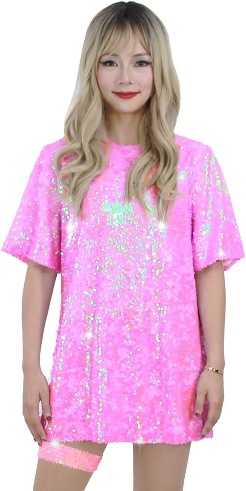 Sequin T-Shirt Dress Sparkly Casual Short Sleeve Party Club Outfit Costume | Amazon (US)